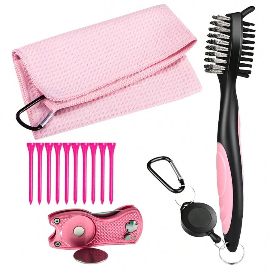 FINGER TEN Pink All In One Golf Accessories Set, Includes 16*16 In Pink Microfiber Towel, Groove Brush With Retractive Clip, Pink Divot Tool With Blank Ball Marker And 10 Pink Wood Tees, Ideal Gift Kit For Men Women Golfers