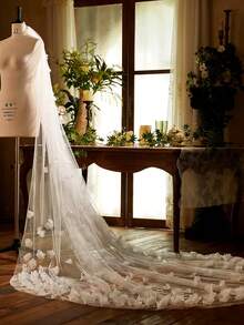 1pc 300cm 3D Floral Organza Bridal Veil, Cathedral Length Single Layer Long Train, Wedding Dress Accessory - Multicolor - View 2