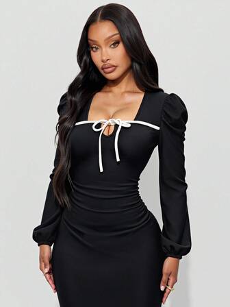 女性用セクシーな黒のニットボディコンロングスリーブラウンドネックタイ付きドレス、デイリー着用