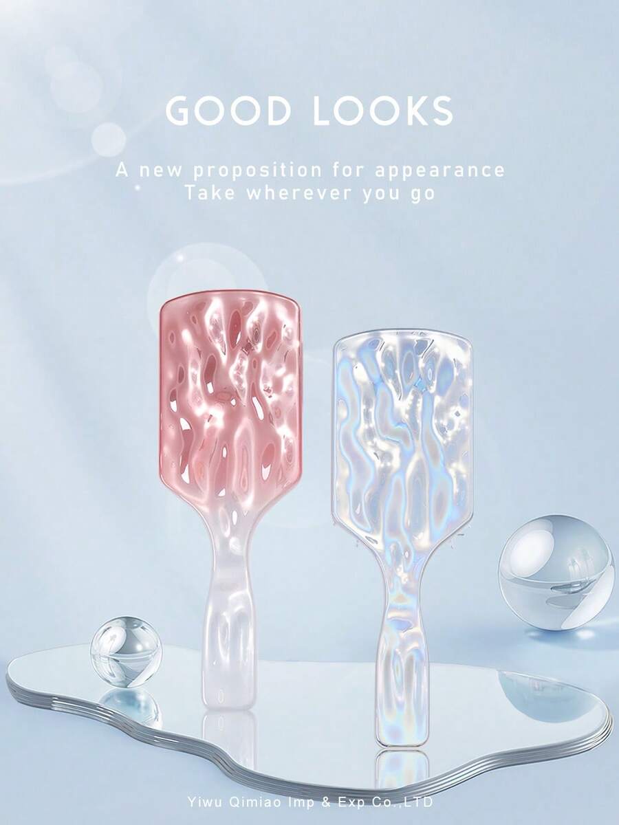 1pc Water Wave Shaped Air Cushion Hair Brush, Medium Size, Square Fluffy Hair Styling Plastic Comb, Women Hair Straightening Brush