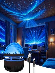 1 pièce Lampe de projection 2-en-1 Vague d'aurore, Projecteur de ciel étoilé d'aurore, Alimenté par USB, Veilleuse de chambre, Lampe de chevet, Idéal pour fête, cadeau d'anniversaire, projette sur le plafond/mur, décoration de Noël - Noir - Voir 6