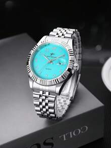 1 pieza Reloj de acero con banda clásica de cuarzo RICECGO para hombres con pantalla de calendario, adecuado para uso diario, reuniones de negocios, de alta gama y exquisito, un gran regalo - Plateado - Ver 3