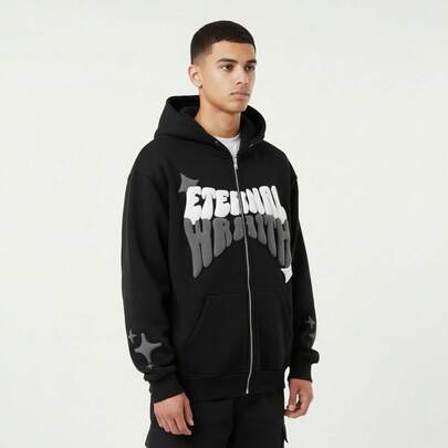 Y2K Zip Up Hoodie For Men Women, "ETERNAL WRAITH" Foam Print Oversized Hooded Sweatshirt, Star & "EW" Hood Detail Non-Fleece Casual Jacket, Streetwear Harajuku Outerwear For Hip Hop Daily Wea
