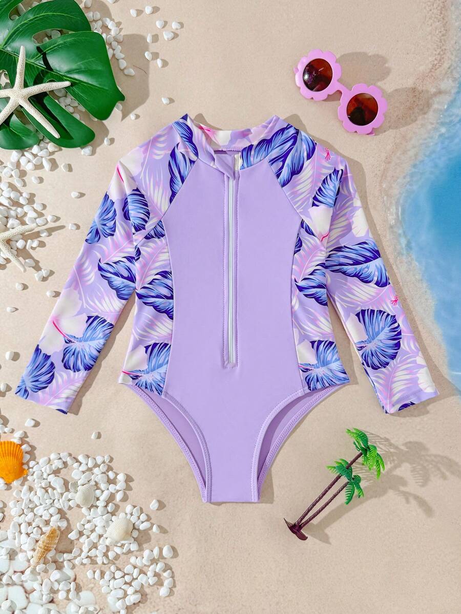 Young Girl Leaf Print Collared Long Sleeve One-Piece Swimsuit, Casual Beach Vacation - Mauve Purple - View 1