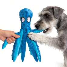 Hollypet Juguete de peluche de pulpo con chirrido para perros, juguete de perro suave y chillón para perros medianos y grandes, juguete interactivo para perros contra el aburrimiento, juguete masticable duradero con sonido para jugar en interiores o exteriores, juguete de peluche resistente a mordeduras que les encanta a las mascotas - Azul - Ver 10
