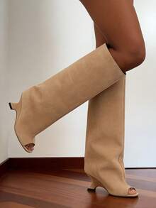 Women's Peep Toe Slouchy Knee High Boots Fashion Wedges High Heels Pull On Party Dress Fall Winter Suede Long Boots Woman - 杏色絨面革 - 查看 2