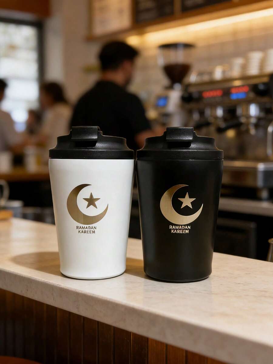1pc 350ml/12oz Stainless Steel Double Wall Insulated Coffee/Milk Cup, Ramadan Gift, Star & Moon Design - Multicolor - View 1