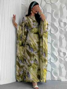 一件纯色女士长袖蝴蝶袖中东连衣裙 Abaya 度假春季 - 金色 - 查看 1