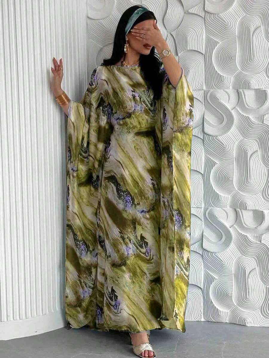 一件纯色女士长袖蝴蝶袖中东连衣裙 Abaya 度假春季 - 金色 - 查看 1