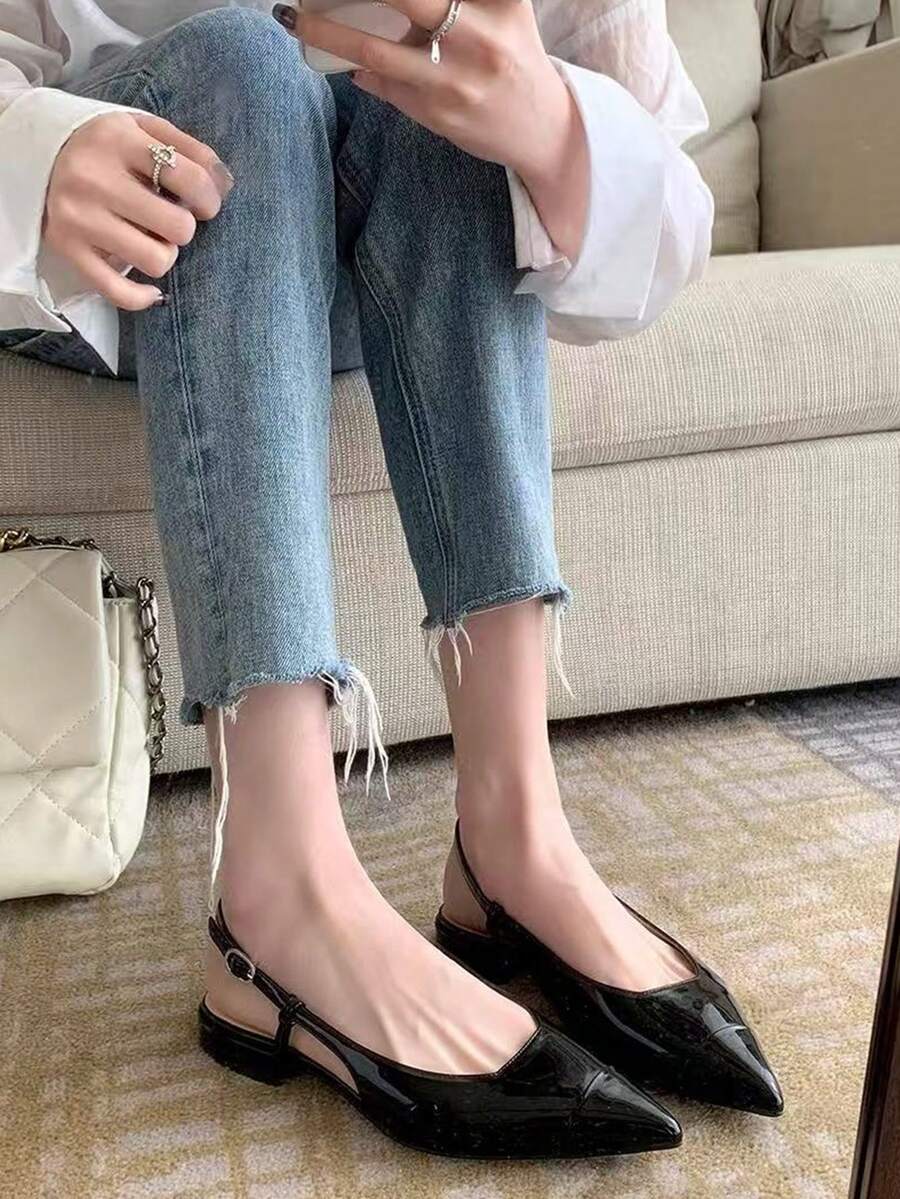 2025 Summer New French Style Buckle Pointed Toe Low Vamp Backless Flat Sandals, Princess Shoes - Black - View 1