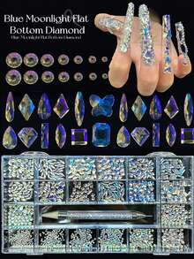 KIRAME 21 Compartments DIY Nail Art K9 Glass Moonlight Flat Bottom Rhinestone Set - 30pcs High Gloss Rhinestones Per Style, Includes 1 Dotting Pen, Nail Gems, Suitable For Nail Salons, Home Manicure, Nail Supplies, Christmas, New Year, Valentine's Day Nails, Holiday Gifts, Also For Crafts, Clothing, Textiles, Shoes, Glassware, Jewelry Making - Multi-Size Sparkling Decorations - 藍白色 - 查看 5