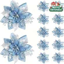 10 piezas de decoraciones navideñas reutilizables de plástico azul de 5.7 pulgadas con diseños de árbol de Navidad y flor de Pascua, sin plumas, adecuadas para la decoración general de vacaciones - Azul - Ver 4