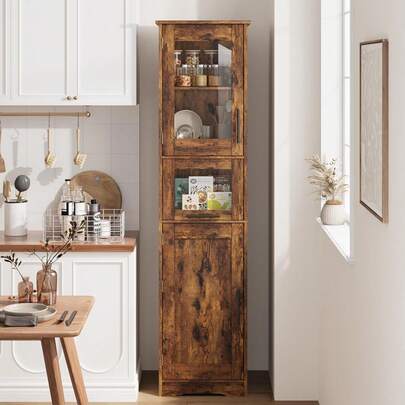 Mueble de cocina, mueble multiusos, mueble despensa con estantes regulables, mueble alto de 4 puertas y 1 cajón grande, 2 puertas de cristal, estilo moderno para comedor, cocina, sala, colores retro