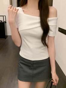 女士露肩露背T恤，设计款，夏季休闲白色 - 白色 - 查看 4