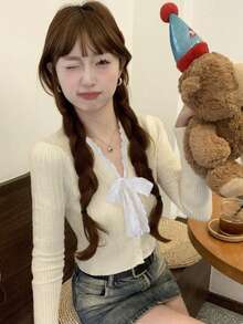 Spring V-Neck Bow Tie Knit Cardigan, Long Sleeve Sweater, Suitable For Early Spring Outings And Photo Shoots - Apricot - View 5