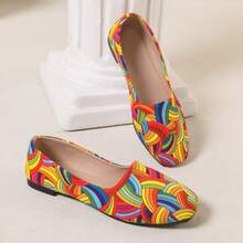 1 par de zapatos planos de moda casual/de uso diario con rayas de colores del arcoíris, adecuados para la playa, fiestas, primavera y otoño - Rojo - Ver 2