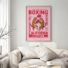 1 pieza Póster de gato de boxeo sin marco en rosa y rojo, estilo universidad de California para decoración de club nocturno, elegante para decoración de pared de sala de estar, imprimible, decoración de dormitorio - Multicolor - Ver 5
