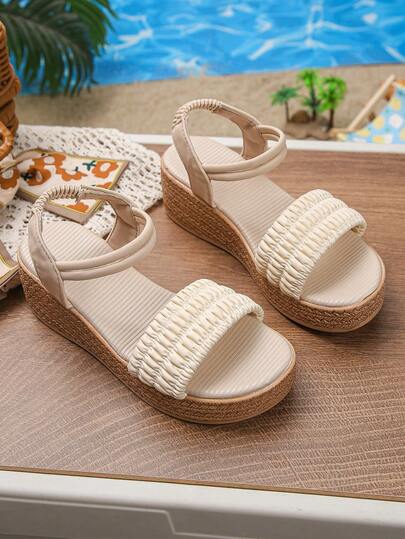 1双女童厚底凉鞋，尺码偏小，时尚简约舒适套脚凉鞋，休闲户外日常穿着露趾厚底凉鞋