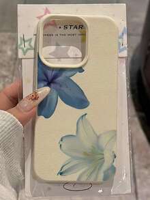 1pc White Lily Flower & English Text Pattern Full Coverage TPU Shockproof Phone Case Compatible With Apple 16, 15, 14, 13, 12, 11 Pro Max, Series - 白色 - 查看 2