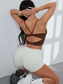 ATTRACO 女士交叉绑带露背运动文胸 - 鏽棕色 - 查看 3