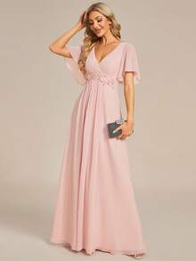 EVERPRETTY Elegant V-Neck Embroidered Ruffle Sleeve Pleated Chiffon Bridesmaid Dress, Formal Dress, Wedding Guest Dress Pink Spring - Pink - View 7