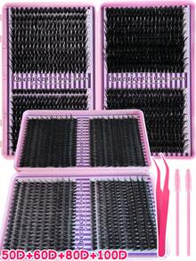Queenice 800 PCS 3 Styles False Eyelashes, Large-Capacity Fluffy Cluster Lash Bundles, 30D-100D Multi-Style Options, D Curl, Thick Fluffy & Natural Look, Suitable For Beginners' DIY, Perfect For Parties, Travel, Holiday Gifts & Daily Makeup Looks - 黑色 - 查看 7