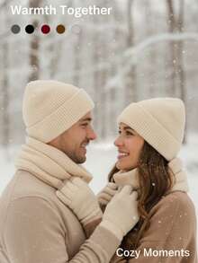 3pcs Solid Color Minimalist Dopamine Color Series Winter Warm Set, Hat + Scarf + Gloves Combo, Unisex Outdoor Casual Suit, Thoughtful Gift For Valentine's Day Vacation Outfits - Solid Color Three-piece Set - View 10