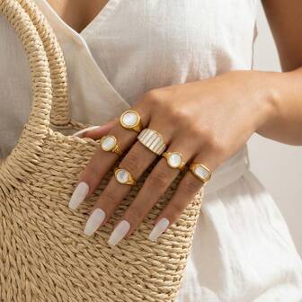 1 pieza Anillo vintage redondo y cuadrado de concha blanca, adecuado para uso diario y citas