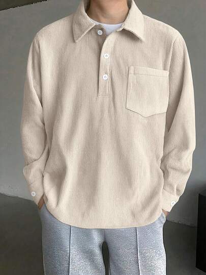 男士米色灯芯绒翻领长袖Polo衫，宽松休闲套头衫，春秋季