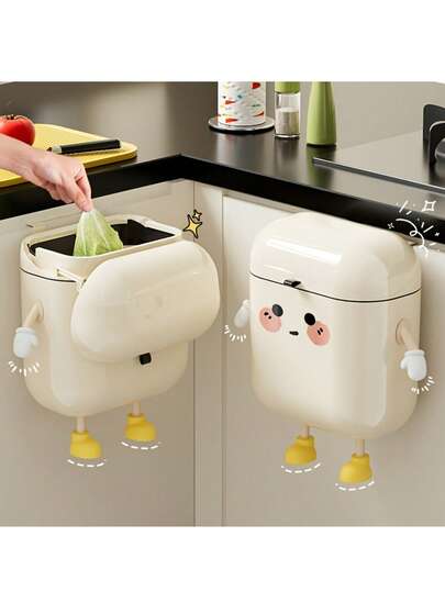 2.38 Gallon Cute Cartoon Design Wall-Mounted Kitchen Trash Can - Wall-Hanging, Large Capacity With Lid Garbage Bin, Suitable For Kitchen/Bathroom, Airtight Odor-Proof, Waterproof, Durable Plastic, Rectangular, No Power Required