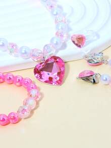 5 pièces/set Bracelet, Collier, Boucles d'oreilles, Bague et Pendentif avec perles et pierres en forme de cœur. Ensemble de bijoux mignon pour filles, convient pour les fêtes, l'école et les anniversaires - Multicolore - Voir 5