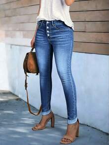 Women's Button Belted Pocket Elastic Waist Slim Fit Stretch Jeans, Fashion Casual Street Style - Light Wash - View 3