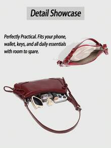 Vintage-Inspired Shoulder Bag With Zipper Closure. Classic Solid-Color Elegant Shoulder/Underarm Bag. Women's Handbag Featuring A Fashionable Bow Accent. Includes Adjustable Shoulder Strap. Perfect For Daily Commutes And Campus Casual Wear. Ideal For Dates, Outings, And Parties.  Women's Handbag. - 彩色 - 查看 4