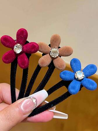 3pcs Elegant Flocked Flower Rhinestone Hair Clips, Retro Bangs Clips, Side Hair Claws, Hair Slide, Hair Barrettes
