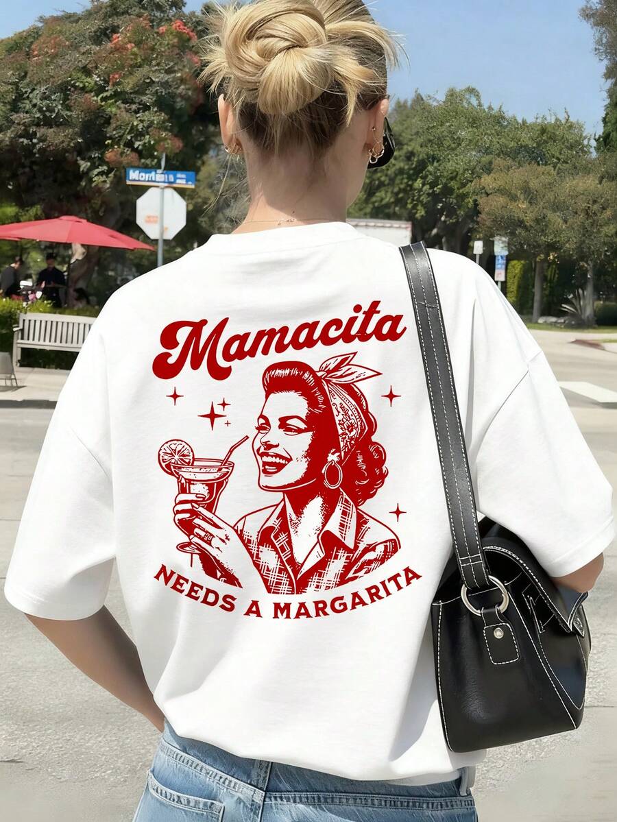 女士休闲字母印花圆领短袖T恤，时尚百搭，度假和日常穿着必备，轻松展现街头风尚，白色夏季