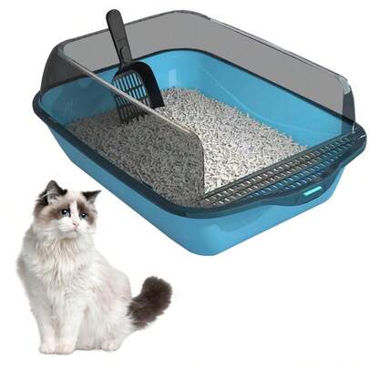Sandbox Cat Litter Box Semi-Enclosed Splashproof Cat Tray Cat Toilet Cleaning Basin Supplies Pet Toilet Kitten Tray Bedpan - Blue