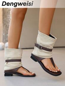 Beige Patchwork Coffee Brown Thong Sandals, Flat Square Toe Street Style Buckle Strap European & American Punk Style Fashionable Women Summer Sandals - Beige - View 6