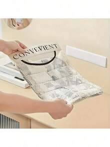 1pcs Space-Saving Reusable Mesh Bag, Self-Adhesive Wall Mounted Plastic Bag Holder - Non , Storage Dispenser For Kitchen Bedroom Cupboard Closet, Kitchen Organizers And Storage, Small Sundries Holder, Home Kitchen Accessories - Beige-1 Pcs - View 9