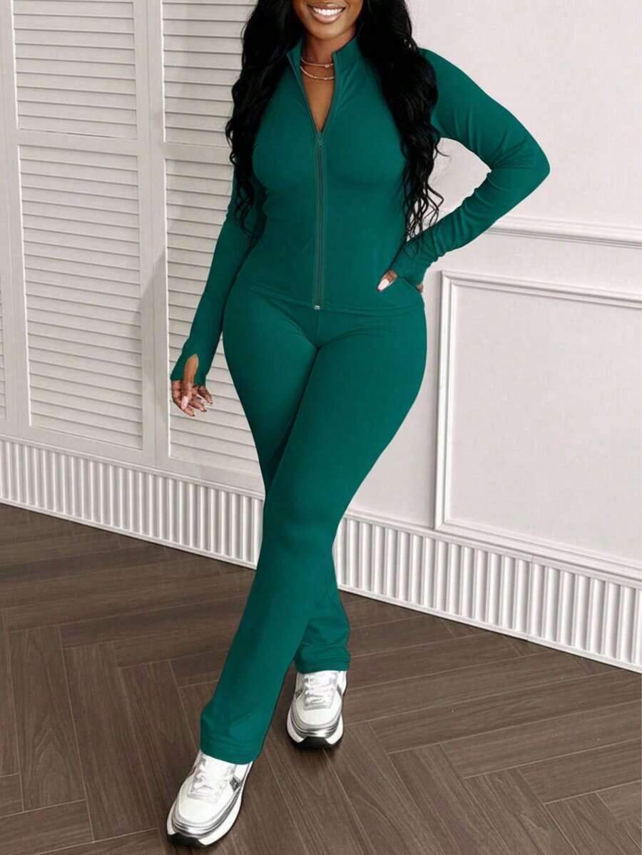2pcs Women's Fashionable Fitted Solid Color Top With Zipper Jacket And Pants Set, Spring/Autumn - 綠色 - 查看 1