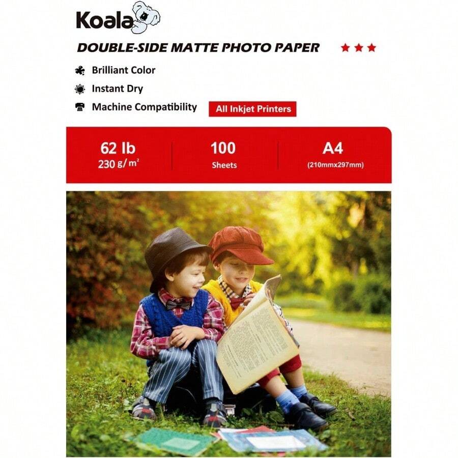 KOALA Papel fotográfico mate de doble cara para inyección de tinta A4 230 g m² 100 hojas para impresoras de inyección de tinta. Adecuado para imprimir fotos folletos cubiertas certificados - Blanco - Ver 1