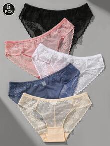 VKME Set de 5 tangas de encaje y malla sexy para mujer - Multicolor - Ver 2