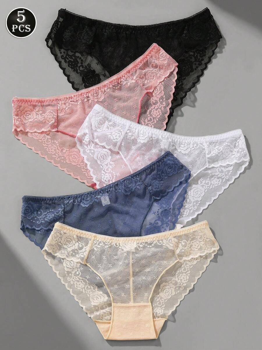VKME Set de 5 tangas de encaje y malla sexy para mujer