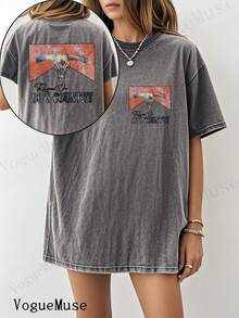 Unisex Washed Distressed T-Shirt Cotton Blend Casual Oversized Tee. Women'S Vintage 192s Retro Skull & 9'S Country Graphic T-Shirt - Double-Sided Washed Print, Soft Comfort Fit, Casual & Music Festival Streetwear, Spring Summer Fall Essential, Multiple Colors Available ( Shown) - Edgy Western Style Top,Valentine Outfits For Women,Valentine's Day Gift,St. Patrick's Day Outfits,Women's Washed Distressed T-Shirt - 灰色 - 查看 7