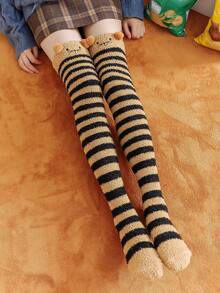 1 Pair Women's Cartoon Cute Thigh High Socks With Thermal Lining, Striped Over-The-Knee Socks