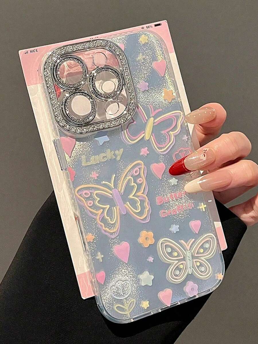 Minimalist Colorful Line Butterfly, Heart, Flower Rhinestone Decor Phone Case Compatible With IPhone 16 Pro Max/15 Pro/14 Pro/13 Pro, Silicone Protective Cover For Women, Unique Design Waterproof Shockproof Anti-Fall Scratch Resistant - Silver - View 1