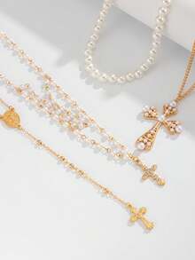 1 Set Punk Hip-Hop Style Micro-Inlaid Faux Pearl Cross Pendant Beaded Necklace Set, Fashionable & Elegant Micro-Inlaid Rhinestone Faux Pearl Cross Pendant Multi-Layer Necklace Set, Suitable For Women's Daily, Vacation, Party Wear - Gold - View 3