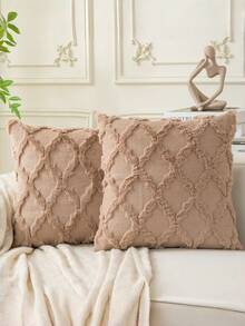 Diamond Pattern Pillow Cover, Farmhouse Boho Style Velvet Square Textured Diamond Detail Decorative & Comfort Support Cushion Pillowcase - Ideal For Living Room Sofa Home Decor, Year-Round Daily Use - Khaki - View 1