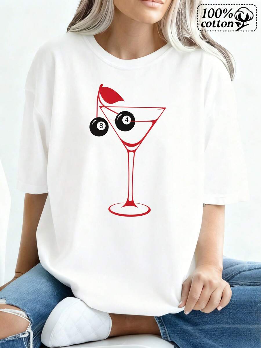 Women's Casual Cotton Round Neck Short Sleeve T-Shirt With Martini Glass Graphic Print, Regular Length Drop Shoulder Top - trắng - Xem 1