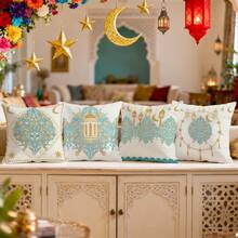 4pcs Ramadan Blessing Blue & Gold Classic Floral Lantern & Crescent Moon Decorative Pillow Covers, Single-Sided Print, Suitable For Living Room, Bedroom, Home Decor, All Seasons