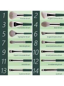 14-Piece Makeup Brush Set Includes 1 Powder Brush + 1 Foundation Brush + 1 Highlight Brush + 1 Blending Brush + 1 Expert Concealer Brush + 1 Detail Brush + 1 Eyebrow Brush, Professional Beauty Tools - 綠色-14個 - 查看 10